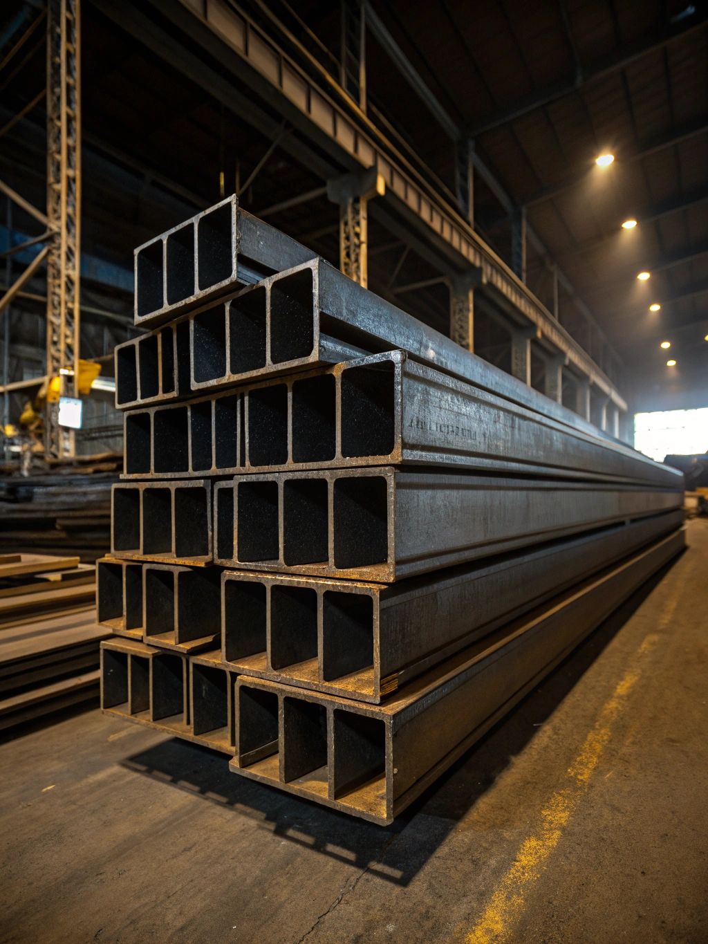 Vigas de acero estructural apiladas en almacén