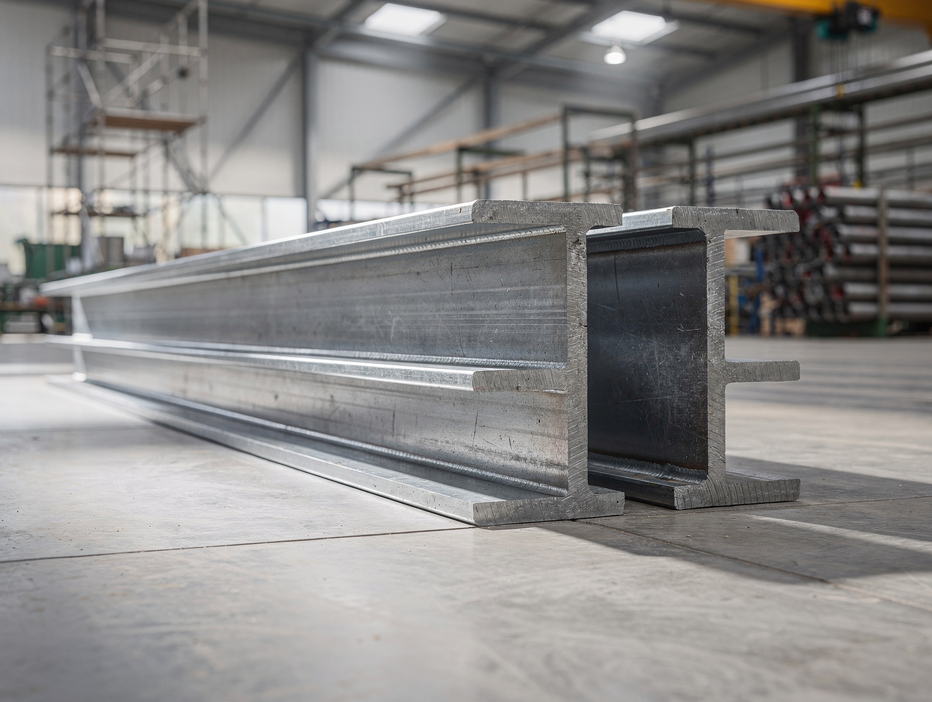 Vigas de acero estructural apiladas en almacén industrial